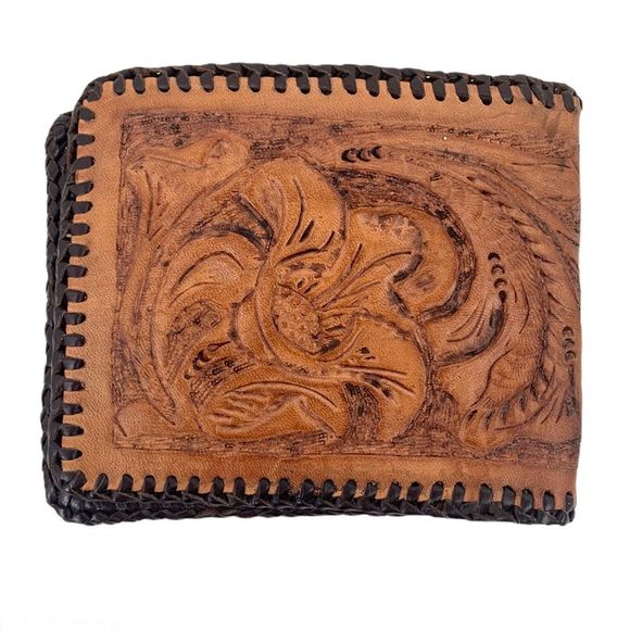 Vintage Tooled Leather Folding Wallet Billfold - Picture 2 of 4